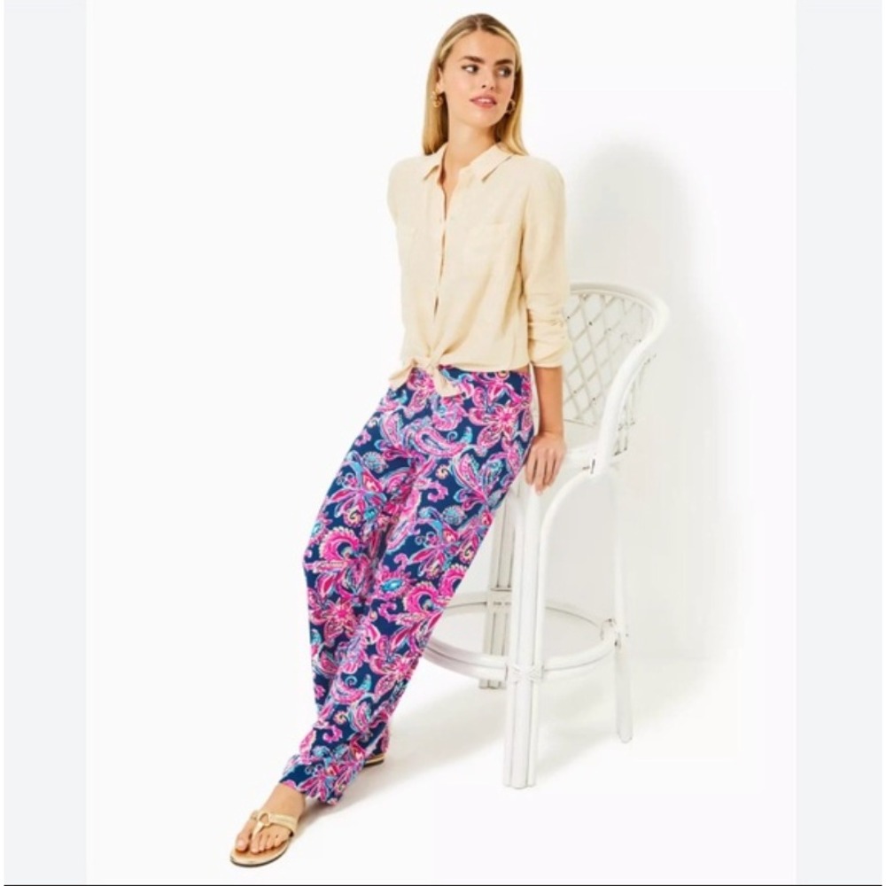 Lilly Pulitzer ChillyLilly Beachy Tropical Paisley Wide Leg Pant S Blue Pink